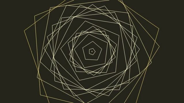 Gold geometric pentagons rotating and expanding in a spiral motion