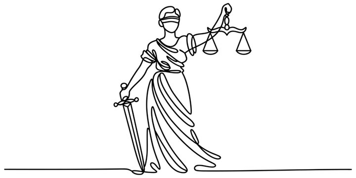 Lady justice themis statue continuous line drawing holding sword and balance scales symbol for law legal court judge attorney lawyer and justice icon Vector, illustration