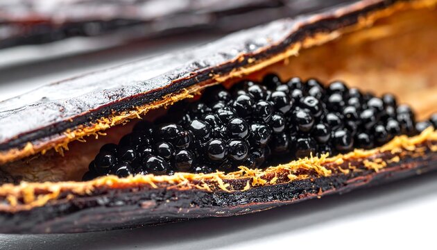 Macro Photography of a Ripe Carob Pod Split Open Revealing Shiny Black Seeds and Inner Texture