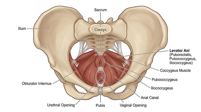 Anatomical diagram of human pelvic floor muscles and pelvis bones with skeleton