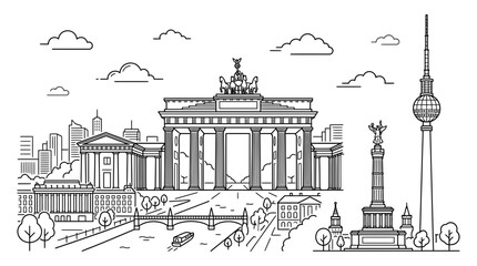Berlin skyline illustration: Brandenburg Gate, TV Tower, Reichstag, Berlin Cathedral © ghina