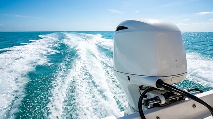 White outboard boat motor operating in turquoise blue ocean water leaving foamy white wake trails on sunny clear day.