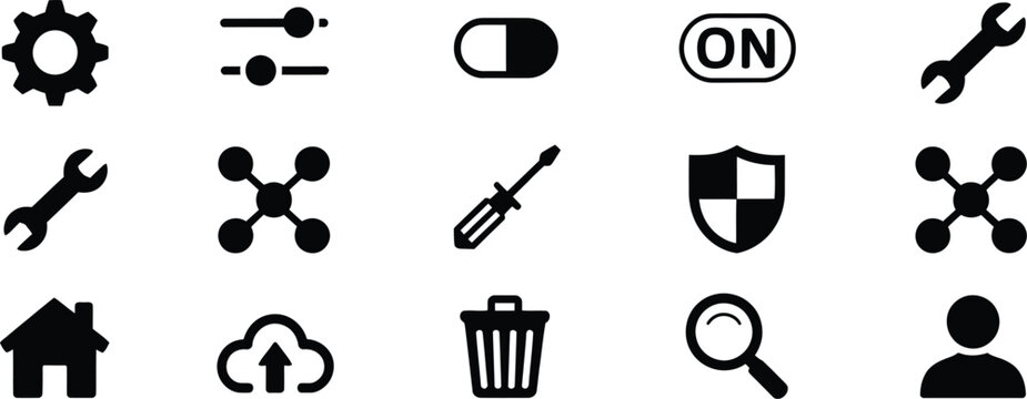 Settings icon featuring modern minimal configuration symbols for mobile apps, software interfaces, system controls, and user preferences, flat vector.