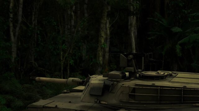 Armored reconnaissance outpost at forest edge with turret scanning treeline, quiet tension, utility attachments and muddy underside visible, scene of forward