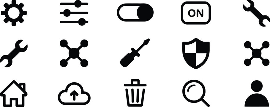 Settings icon featuring modern minimal configuration symbols for mobile apps, software interfaces, system controls, and user preferences, flat vector.