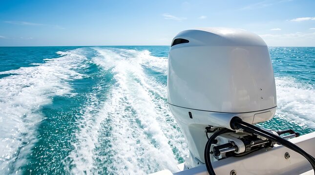 White outboard boat motor operating in turquoise blue ocean water leaving foamy white wake trails on sunny clear day.