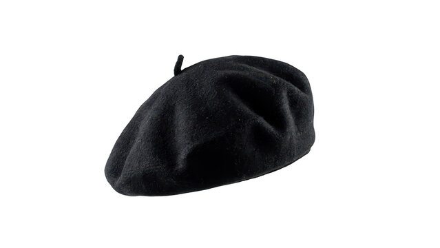 A single dark grey wool beret hat isolated on a black background, displaying a soft felt and the iconic rounded shape of french headwear