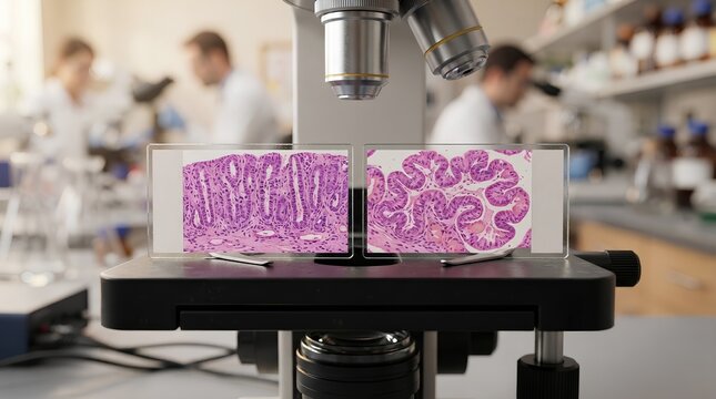 Medical scientists examining histology tissue samples of proliferative and secretory phase endometrium in a research lab, capturing reproductive health diagnostics and pathology studies