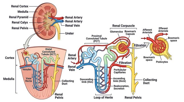 Detailed medical illustration of renal anatomy and nephron microstructure