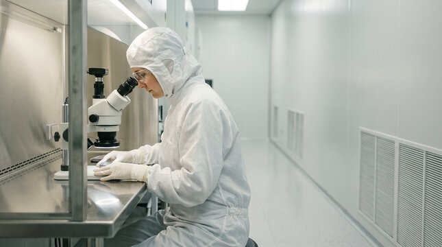 Semiconductor cleanroom interior with technician in suit, copy space right