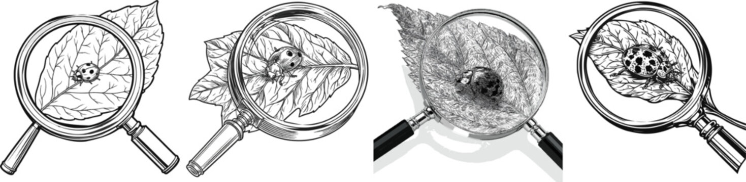 A ladybug perches delicately atop a leaf under the scrutiny of a classic magnifying glass, revealing intricate details in crisp black and white line art against a stark white background