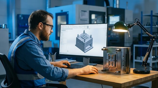 Engineer using computer aided design software to design plastic injection mold on desktop computer in manufacturing workshop with CNC machines and robots in background.