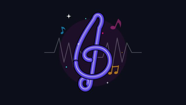 Animated neon treble clef music note with sound wave motion graphics