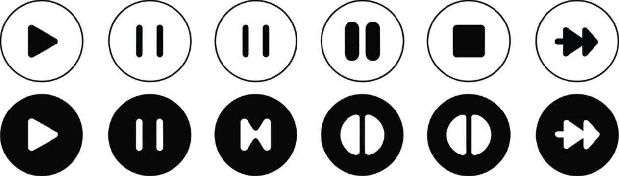 Play button icon featuring play, pause, stop, next, previous, and media player controls for audio and video applications, vector.