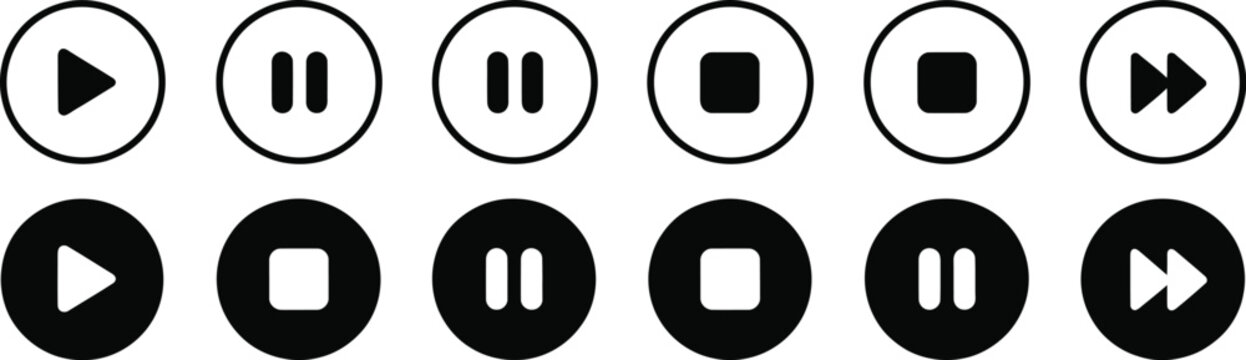Play button icon featuring play, pause, stop, next, previous, and media player controls for audio and video applications, vector.