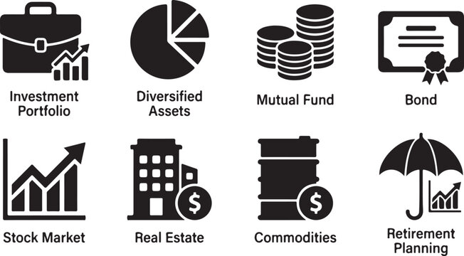 Financial icons representing investment portfolio pie chart stack of coins bond stock market real estate commodities umbrella.