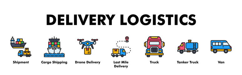 Fototapeta premium DELIVERY LOGISTICS web banner icon vector illustration concept with icon of Shipment, Cargo Shipping, Drone Delivery, Last Mile Delivery, Truck, Tanker Truck, Van 