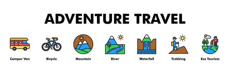 Obraz premium ADVENTURE TRAVEL web banner icon vector illustration concept with icon of Camper Van, Bicycle, Mountain, River, Waterfall, Trekking, Eco Tourism 