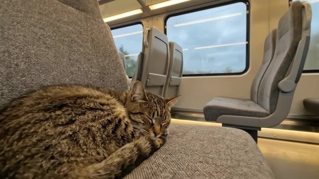 Cat sleeps on seat inside train. Quiet interior with soft seating and windows showing outside view. Concept of pet travel, transportation, animal care