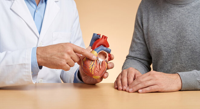 Doctor using heart model to explain cardiac condition to patient in a bright medical office.