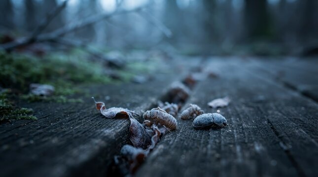 Frozen beetle and cicada shell on wooden boardwalk