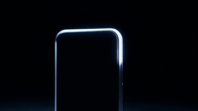 Smartphone silhouette illuminated by glowing edges in dark setting. Focus on modern design and technology aspects. Concept of electronics, mobile devices, tech industry