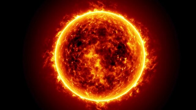 Cinematic sun with burning solar flares, glowing orange star in deep space, fiery solar surface with plasma eruptions and heat radiation