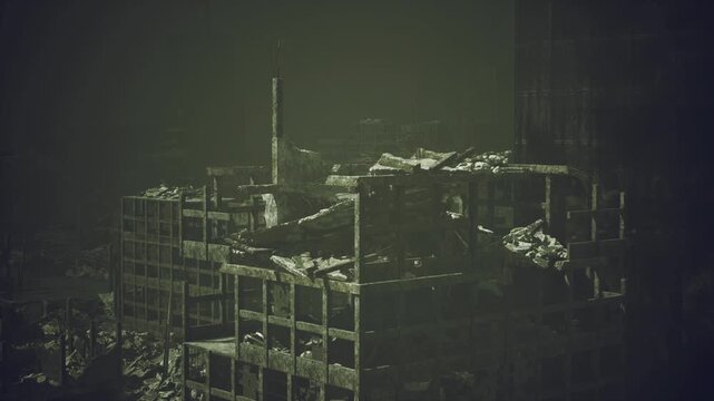 Dark skeletal building under green haze, drone survey capturing collapsed floors, exposed rebar and scattered rubble, muted ambient light, heavy atmosphere