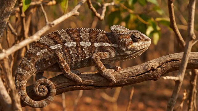 Chameleon rests on branch, adapting its colors to blend with environment. Detailed setting includes natural foliage and warm tones
