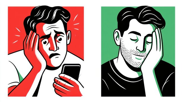 Two icons show FOMO and JOMO. On the left, a person looks anxious with a phone. On the right, a person looks content without a device.