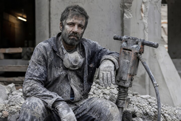 Fototapeta premium Portrait of Tired Manual Laborer Covered in Dust at Construction Site with Jackhammer
