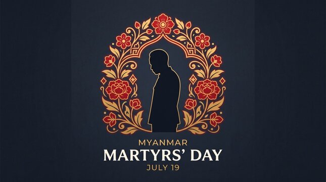 Myanmar Martyrs' Day July 19 Commemorative Illustration with Traditional Floral Ornament