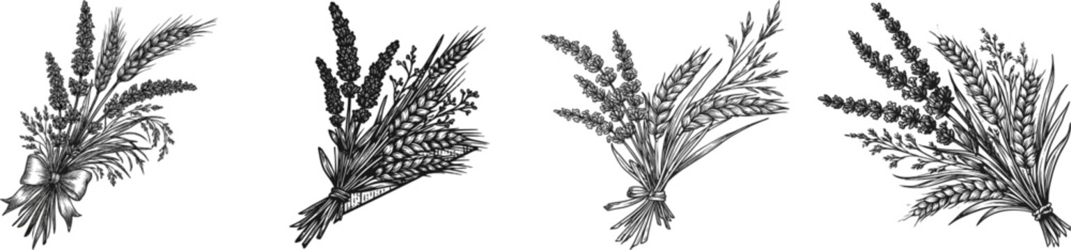 A rustic corner decoration features stalks of lavender, wheat ears, and simple field grass arranged in an angular design with high contrast black and white line art on a solid white background