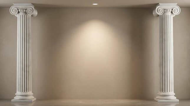 Elegant interior with tall fluted columns flanking wall with dramatic spotlight effect creating sophisticated and luxurious architectural backdrop for events and displays.