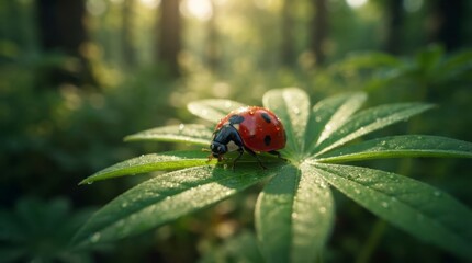 Fototapeta premium Ladybug on a dew covered leaf in the forest