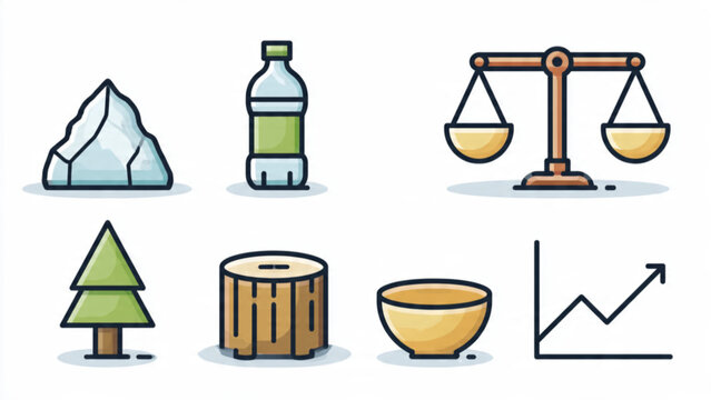 Collection of nature and environment icons including ice bottle tree log bowl and growth chart in flat style