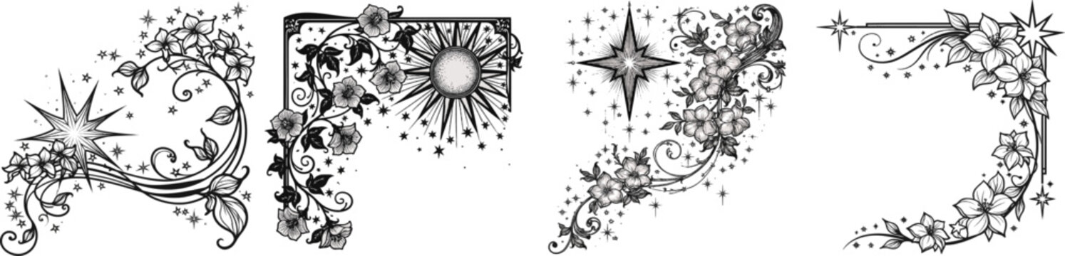 A celestial vine corner flourish blends sharp sunburst shapes with sweeping jasmine vines and tiny star details in crisp black and white line art against a pure white background