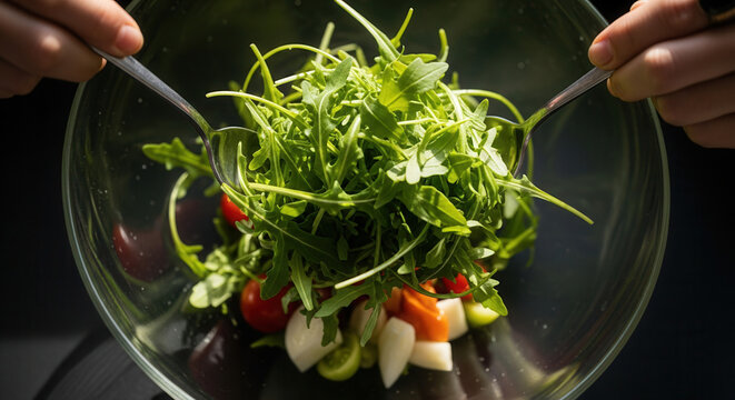 Healthy Fresh Salad Being Tossed With Forks In A Clear Glass Bowl