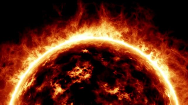 Solar surface with burning fire and plasma flares, glowing sun sphere in deep space, hot orange solar corona and magnetic storm activity