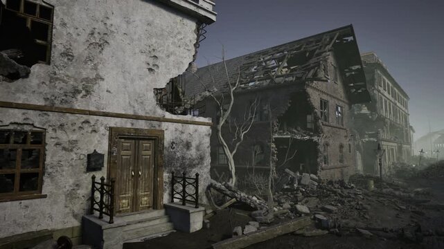 Collapsed townhouse on desolate slope with bare branches and broken roofs, cracked walls and splintered doors, pervasive silence suggesting long abandonment,