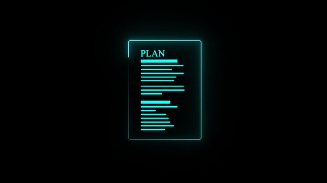 Neon glowing business plan document animation, digital strategy concept, minimalist cyan outline for corporate checklist task goal, objective vision mission abstract isolated black background.