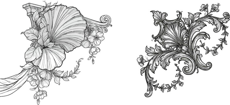 This intricate Rococo corner scrollwork features playful shell patterns, delicate leaf garlands, small open blossoms, and bold outlines on a minimalist black and white background