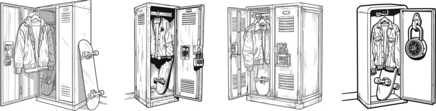 A students school locker with a combination padlock, a hanging jacket, and a skateboard inside, highly detailed in bold black outlines against a white background
