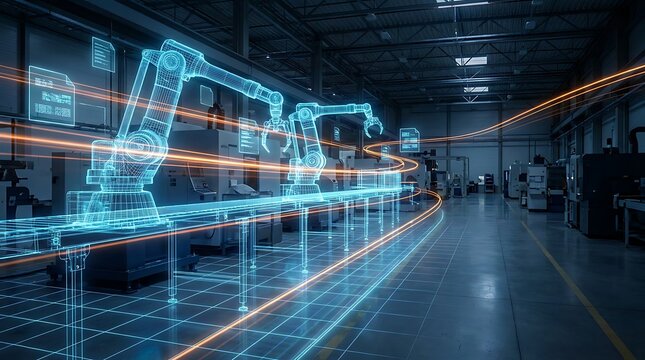 Futuristic factory automation with glowing digital wireframe robotic arms on production line, advanced manufacturing technology, industrial innovation, smart factory concept.