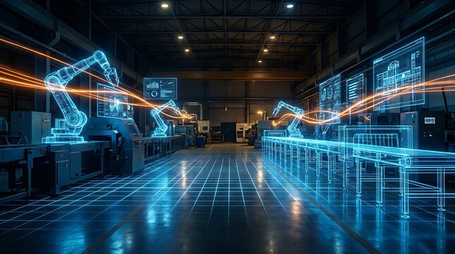 Futuristic factory automation with glowing digital wireframe robotic arms on production line, advanced manufacturing technology, industrial innovation, smart factory concept.