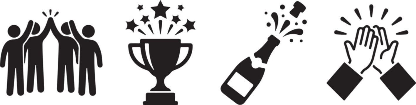 High five group trophy champagne bottle with glasses and clapping hands icons for success and celebration.