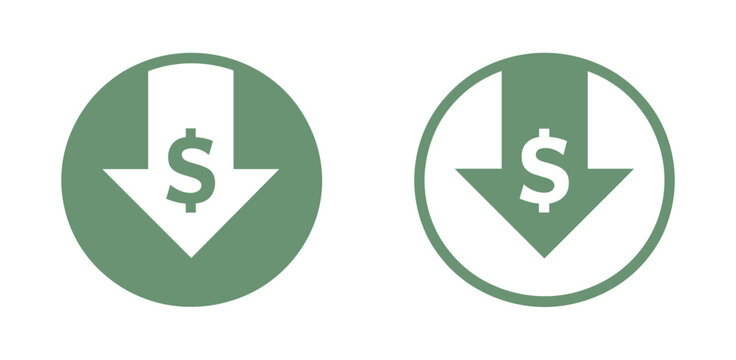 Price Drop Iconography. Two circular icons display a downward arrow with a dollar sign, symbolizing a decrease in price or cost.