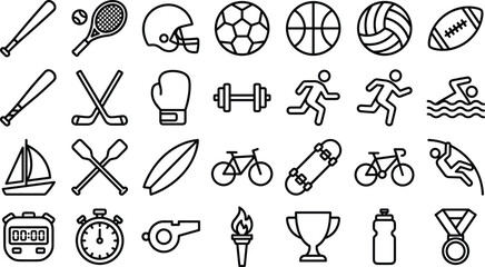 Sports and Fitness Equipment Line Icon Set with Soccer Basketball Tennis Trophy and Active Runner Vector Outline Symbols © farida