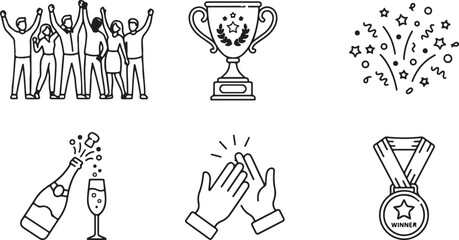 Naklejka premium Line art celebration icons trophy champagne bottle confetti ribbon medal and clapping hands winner achievement concept.
