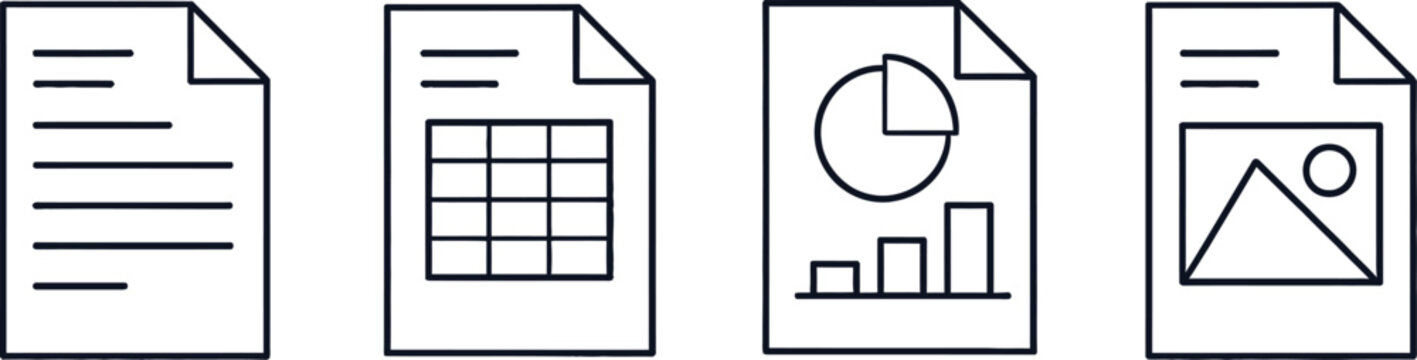 Document type line icons vector featuring text spreadsheet data chart image and file symbols for business design